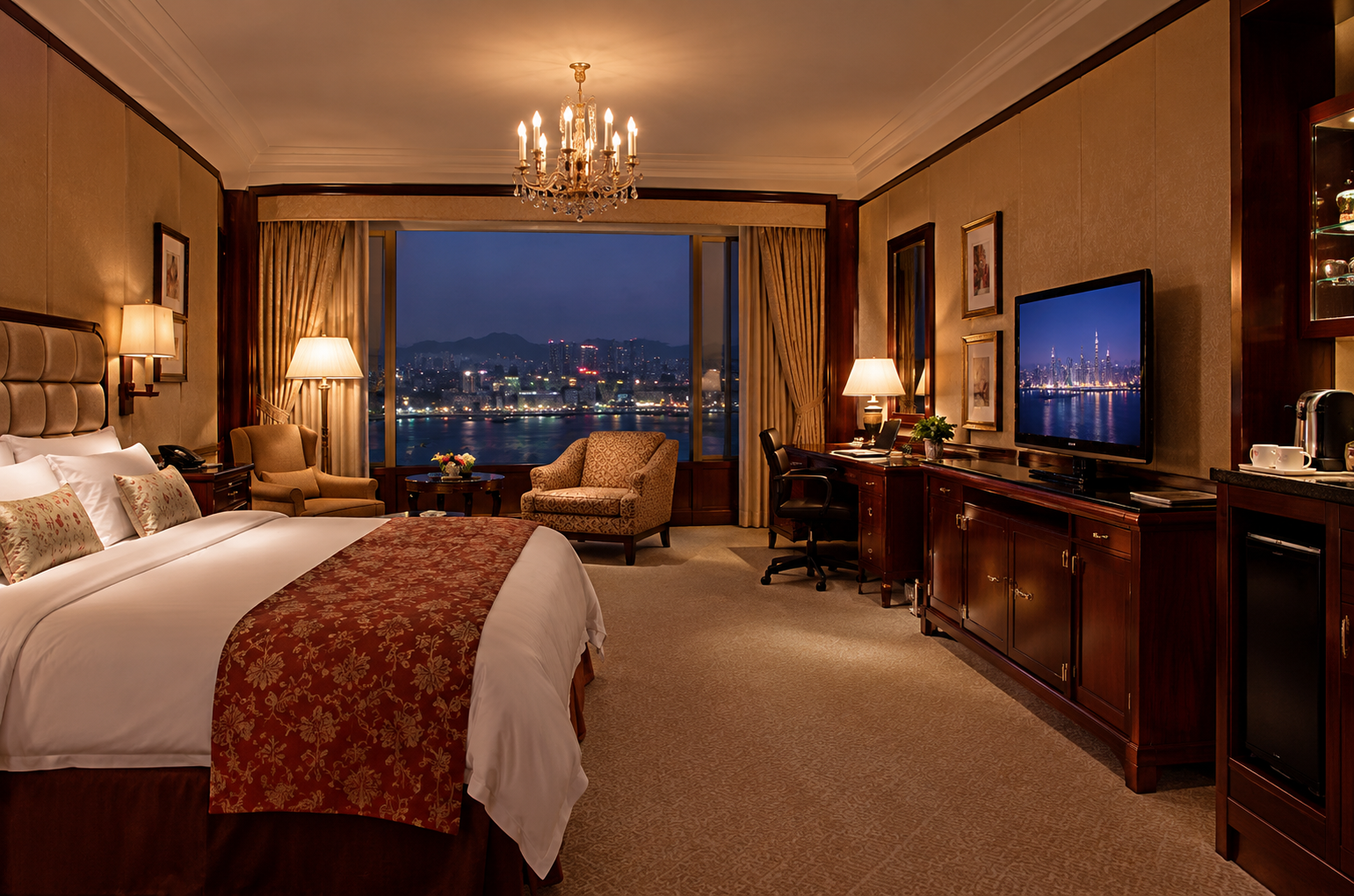 Master suite with a king bed and city view